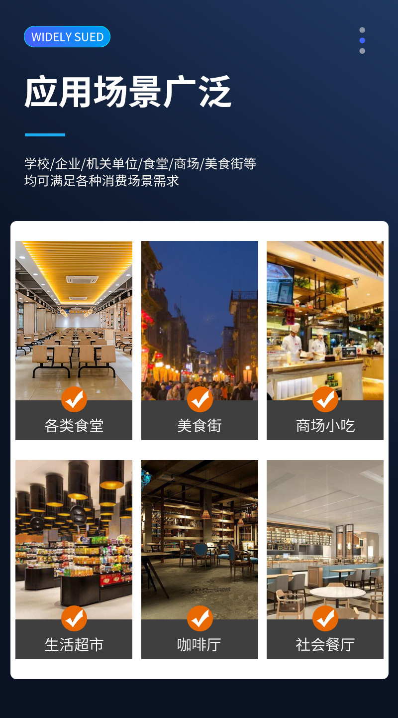 應(yīng)用場景廣泛,學(xué)校、企業(yè)、機(jī)關(guān)單位、食堂、商場、美食街等,均可滿足各類消費(fèi)場景需求