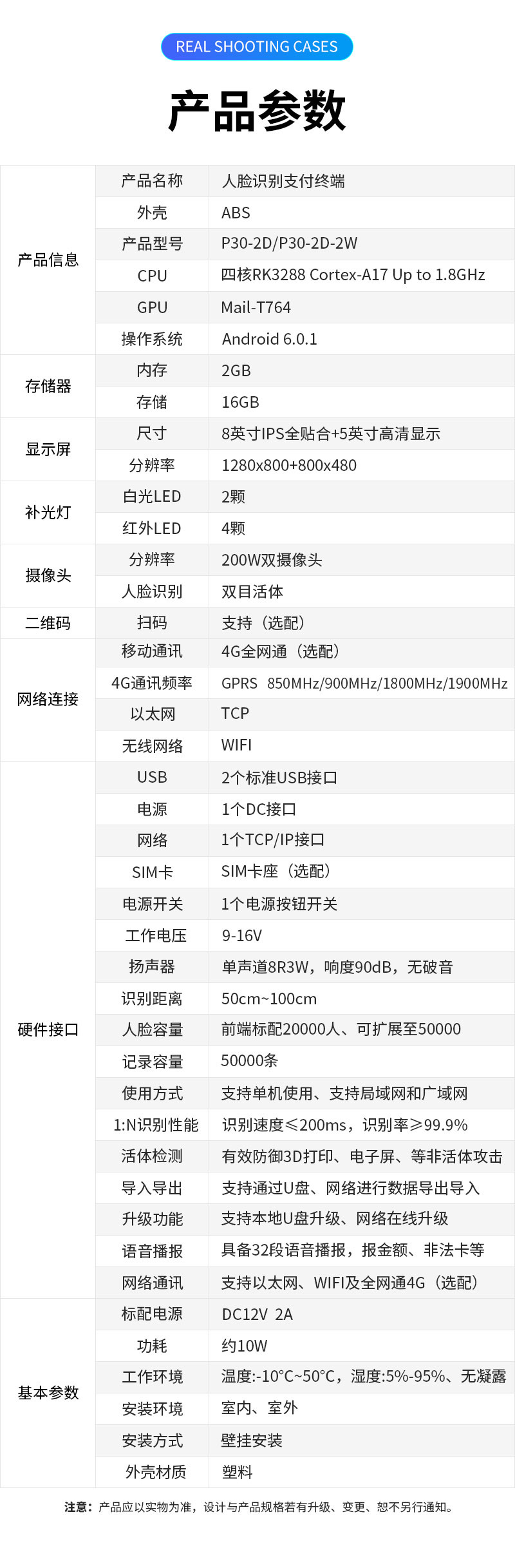 產(chǎn)品參數(shù),產(chǎn)品名稱：人臉識別支付終端,外殼：ABS塑料,產(chǎn)品型號：P30-2D/P30-2D-2W,CPU：四核RK3288 Cortex-A17 Up to 1.8GHz,GPU：Mail-T764,操作系統(tǒng)：Android 6.0.1,內(nèi)存：2GB,存儲：16GB,顯示屏尺寸：8英寸IPS全貼合＋5英寸高清顯示,分辨率：1280×800＋800×480,補(bǔ)光燈:白光LED2顆,紅外LED	4顆,攝像頭分辨率：200W雙目攝像頭,人臉識別：雙目活體，二維碼：掃碼支持（選配）,網(wǎng)絡(luò)連接移動通訊：4G全網(wǎng)通（選配）,4G通訊頻率：GPRS?850MHz?/900MHz?/1800MHz?/1900MHz,以太網(wǎng)：TCP,無線網(wǎng)絡(luò)：WIFI,硬件接口USB：2個標(biāo)準(zhǔn)USB接口,電源：1個DC接口,網(wǎng)絡(luò)：1個TCP/IP接口,SIM卡:SIM卡座（選配）,電源開關(guān)：1個電源按鈕開關(guān),工作電壓：9-16V,揚(yáng)聲器：單聲道8R3W，響度90dB，無破音,識別距離：50cm～100cm ,人臉容量：前端標(biāo)配20000人、可擴(kuò)展至50000，支持超大容量后端識別,記錄容量：50000條,使用方式：支持單機(jī)使用、支持局域網(wǎng)和廣域網(wǎng),1:N識別性能：識別速度≤200mS，識別率≥99.9%,活體檢測：有效防御3D打印、電子屏、視頻、圖片、面具等非活體攻擊,導(dǎo)入導(dǎo)出：支持通過U盤、網(wǎng)絡(luò)進(jìn)行數(shù)據(jù)及參數(shù)導(dǎo)入導(dǎo)出,升級功能：支持本地U盤升級、網(wǎng)絡(luò)在線升級,語音播報：具備32段語音播報，報金額，報限次，報非法卡等,網(wǎng)絡(luò)通訊：支持以太網(wǎng)、WIFI及全網(wǎng)通4G（選配）, 基本參數(shù)標(biāo)配電源：DC12V 2A,功耗：約10W,工作環(huán)境：溫度：-10℃～50℃，濕度：5％-95％、無凝露,安裝環(huán)境：室內(nèi)、室外,安裝方式：壁掛安裝,外殼材質(zhì)：塑料,注意：產(chǎn)品應(yīng)以實(shí)物為準(zhǔn)，設(shè)計與產(chǎn)品規(guī)格若有升級、變更，恕不另行通知。